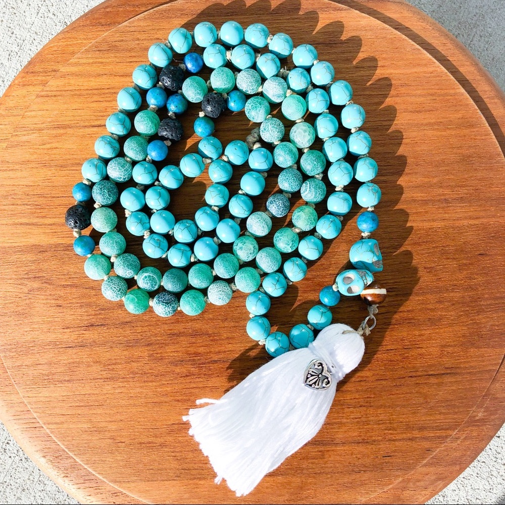Turquoise Mala Bead Necklace with Tassel